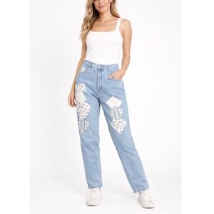 Stefano Women's Blue Patchwork Casual Denim Straight Jeans Size 18